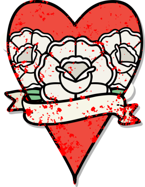 Geleneksel bir kalp stili ve insan tarafından çizilmiş çiçekli pankart dövmesi.