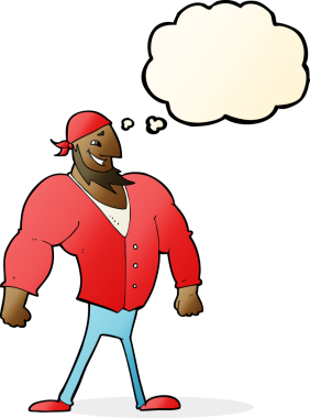 Bir insan tarafından çizilmiş düşünce baloncuğu olan erkek bir denizci.