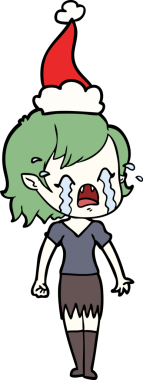 Bir insan tarafından çizilmiş Noel Baba şapkası takan ağlayan vampir bir kızın el çizimi.