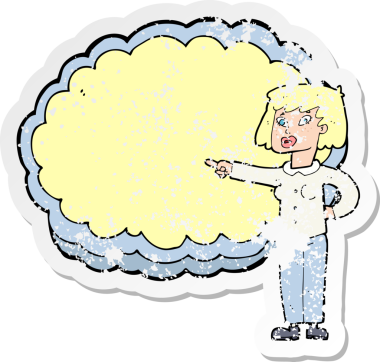 Bir insan tarafından çizilmiş metin bulutu olan karikatür kadın etiketi.