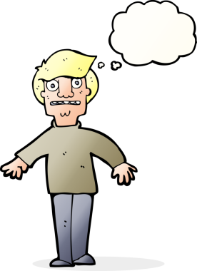 Bir insan tarafından çizilen düşünce baloncuğuyla şok olmuş bir adam.