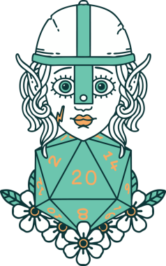 Retro Tattoo stili elf dövüşçüsü. Bir insan tarafından çizilmiş 20 zar ile.