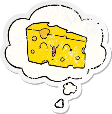 Düşünce baloncuklu çizgi film peyniri insan tarafından çizilmiş yıpranmış bir çıkartma gibi.