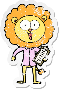 Bir insan tarafından çizilmiş mutlu çizgi film aslanının sıkıntılı çıkartması.