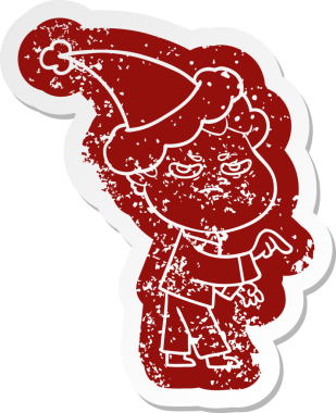 Bir insan tarafından çizilmiş Noel Baba şapkası giyen kızgın bir adamın garip bir karikatürü.