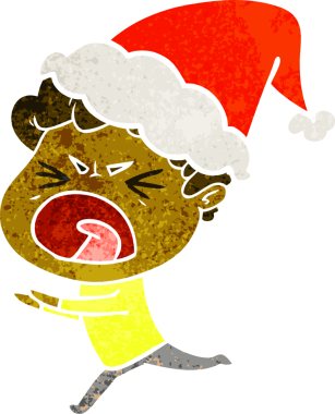 Bir insan tarafından çizilmiş Noel Baba şapkası giyen öfkeli bir adamın el çizimi karikatürü.