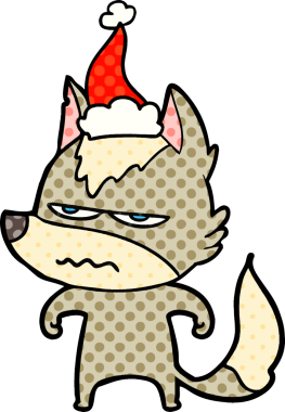 Bir insan tarafından çizilmiş Noel Baba şapkası takan kızgın bir kurdun el çizimi çizgi roman tasviri.