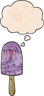 Bir insan tarafından çizilmiş grunge desenli düşünce baloncuklu mutlu buz lolipop çizgi filmi.