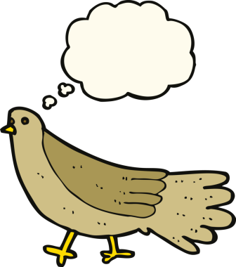 Bir insan tarafından çizilmiş düşünce baloncuklu çizgi film kuşu.