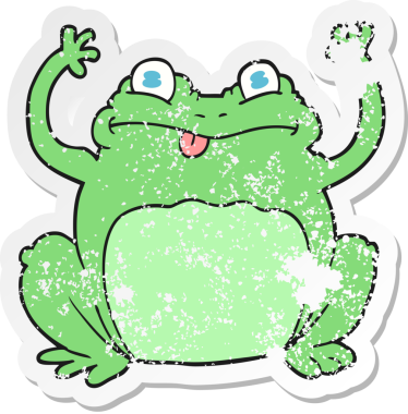 Bir insan tarafından çizilmiş komik bir kurbağanın gerilmiş çıkartması.