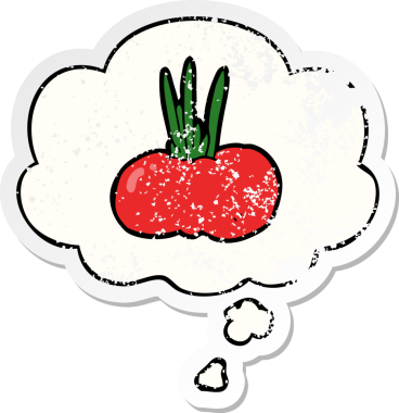Düşünce baloncuğu olan karikatür sebzesi insan tarafından çizilmiş yıpranmış bir çıkartma.