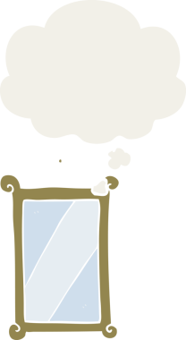 Düşünce baloncuklu karikatür aynası insan tarafından çizilmiş.