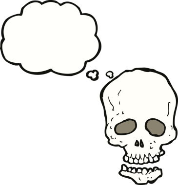 Bir insan tarafından çizilmiş düşünce baloncuklu bir kafatası.