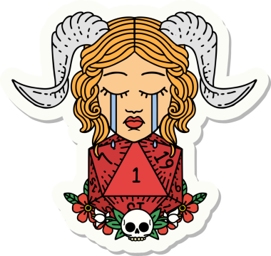 Bir insan tarafından çizilmiş doğal bir d20 zar ile hüzünlü bir bağlama etiketi.