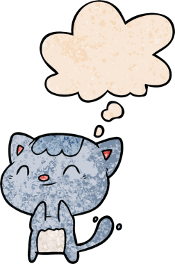 Düşünce baloncuklu çizgi film mutlu kedi bir insan tarafından çizilmiş grunge doku tarzı