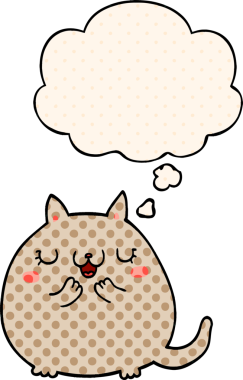 Çizgi roman tarzında bir insan tarafından çizilmiş düşünce baloncuklu şirin kedi.