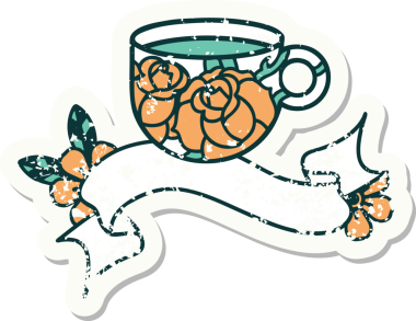 Bir fincan sancağıyla eski bir etiket ve bir insan tarafından çizilmiş çiçekler.