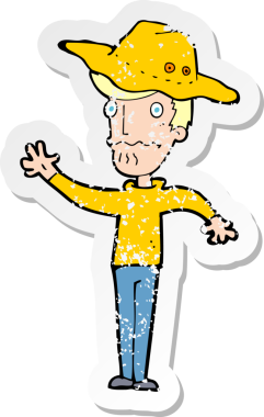 Bir insan tarafından çizilmiş taşra şapkalı bir çizgi film karakterinin gerilimli çıkartması.