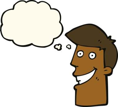 Bir insan tarafından çizilmiş düşünce baloncuğu ile sırıtan çizgi film adamı.