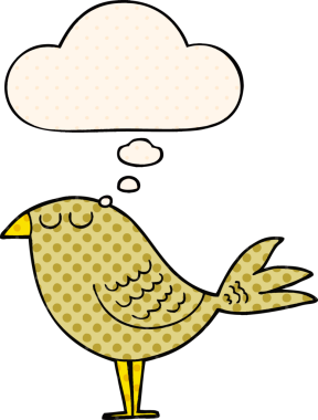 Çizgi roman tarzında düşünce baloncuğu olan çizgi film kuşu insan tarafından çizilmiş.