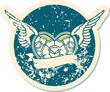 Bir insan tarafından çizilmiş çiçek ve pankartıyla uçan bir kalbin sembolik dövmeli resmi.