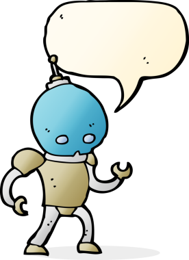 Bir insan tarafından çizilmiş konuşma balonlu uzaylı robot.