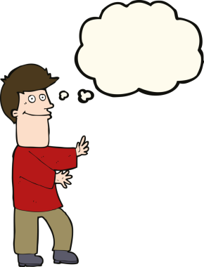 Bir insan tarafından çizilmiş düşünce balonuyla hareket eden bir karikatür adamı.