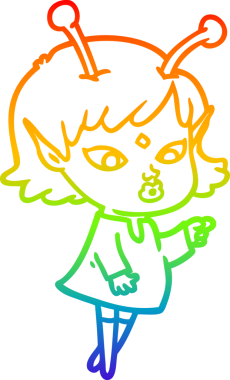 Gökkuşağı gradyan çizgisi bir insan tarafından çizilmiş güzel bir uzaylı kızın çizimi.