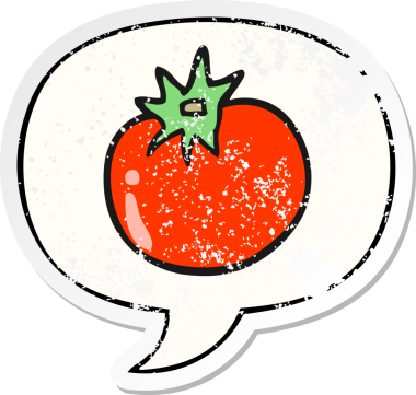 Konuşma baloncuklu çizgi film domatesi bir insan tarafından çizilmiş sıkıntılı eski bir çıkartma