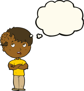 Kafasında bir insan tarafından çizilmiş düşünce balonuyla büyüyen çizgi film çocuğu.