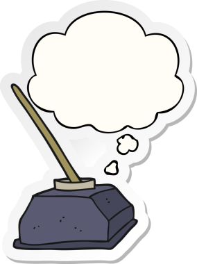 insan tarafından çizilmiş bir çıkartma olarak düşünce baloncuklu eski mürekkep kabı ve kalem.