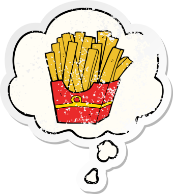 Düşünce baloncuğu olan çizgi film kızartmaları insan tarafından çizilmiş yıpranmış bir çıkartma gibi.