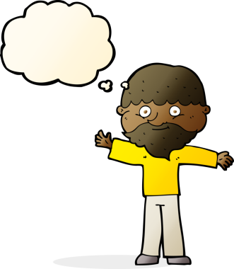 Bir insan tarafından çizilmiş düşünce balonlu sakallı mutlu adam çizgi filmi.