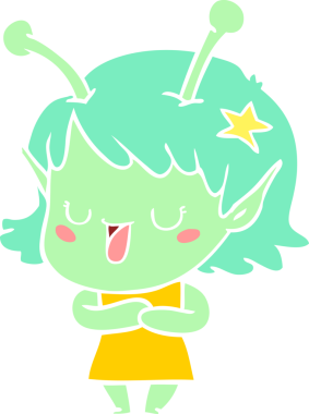 Mutlu uzaylı kız düz renkli çizgi film bir insan tarafından çizildi.