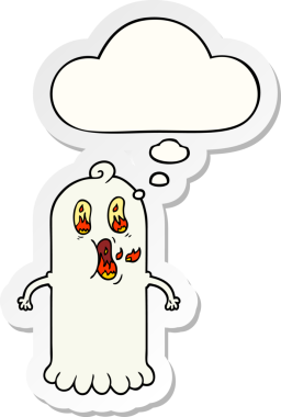 Karikatür hayaleti. Alevli gözler. Düşünce baloncuğu bir insan tarafından çizilmiş çıkartma gibi.