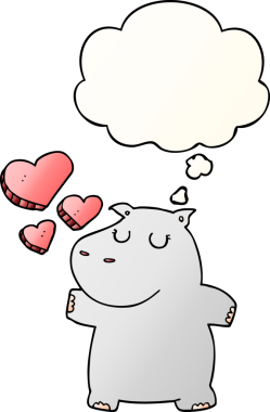 Çizgi film hipopotamları, bir insan tarafından çizilen yumuşak eğimli düşünce baloncuğuna aşık.