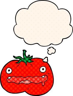 Bir insan tarafından çizilmiş, düşünce baloncuklu çizgi film domatesi.