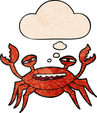 Düşünce baloncuklu çizgi film yengeci. Bir insan tarafından çizilmiş grunge doku tarzı.