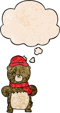 Bir insan tarafından çizilmiş grunge desenli düşünce baloncuğu olan sevimli çizgi film ayısı.