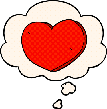 Çizgi roman tarzında bir insan tarafından çizilmiş düşünce baloncuklu karikatür kalbi.