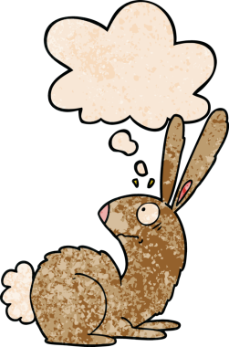 Bir insan tarafından çizilmiş grunge desenli düşünce baloncuklu çizgi film ürkmüş tavşan.