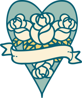 İkonik dövme stili bir kalp ve bir insan tarafından çizilmiş çiçekli pankart.