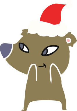 Bir insan tarafından çizilmiş Noel Baba şapkası takan bir ayının düz renk çizimi.