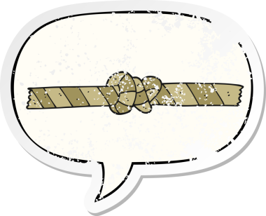 Karikatür düğümlü, konuşma baloncuklu bir halat. Bir insan tarafından çizilmiş sıkıntılı eski bir çıkartma.