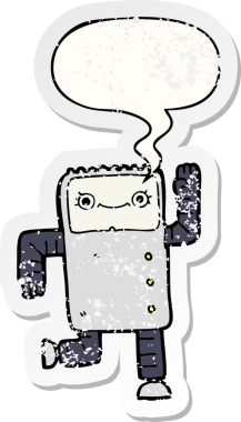 Konuşma baloncuğu olan karikatür robotu bir insan tarafından çizilmiş sıkıntılı eski bir çıkartma