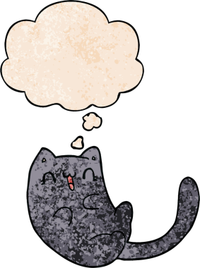 Bir insan tarafından çizilmiş grunge desenli düşünce baloncuklu çizgi film kedisi.