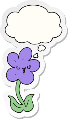 Mutlu yüzlü çizgi film çiçeği. Düşünce baloncuğu insan tarafından çizilmiş bir çıkartma gibi.