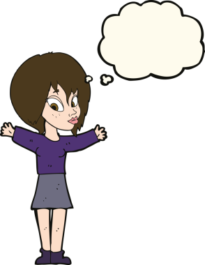 Bir insan tarafından çizilmiş düşünce balonlu açık kollu çizgi film kadını.