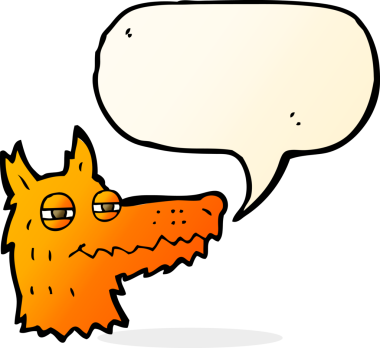 bir insan tarafından çizilmiş konuşma balonlu kendini beğenmiş tilki suratı.