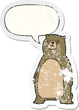 Konuşma baloncuğu olan çizgi film ayısı bir insan tarafından çizilmiş sıkıntılı eski bir çıkartma